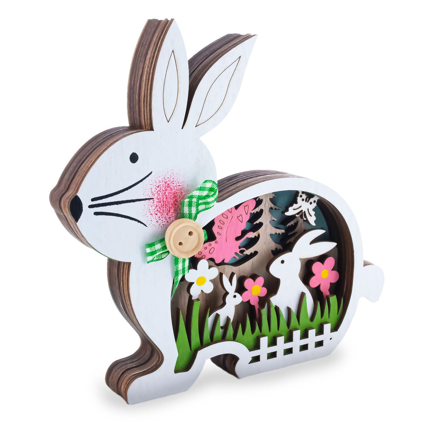 Bunny Shape Spring Garden with Butterflies Wooden Figurine