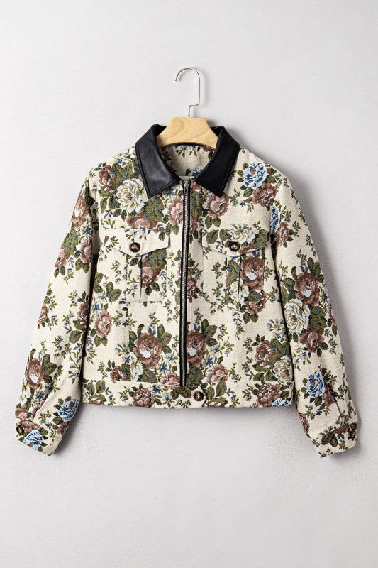 Miss Sparkling |Floral Zip-Up Contrast Collared Jacket