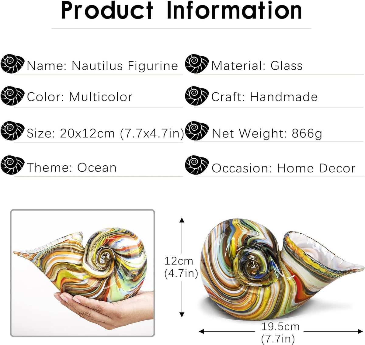 7.7" Glass Nautilus Conch Figurines, Hand Blown Seashell Art