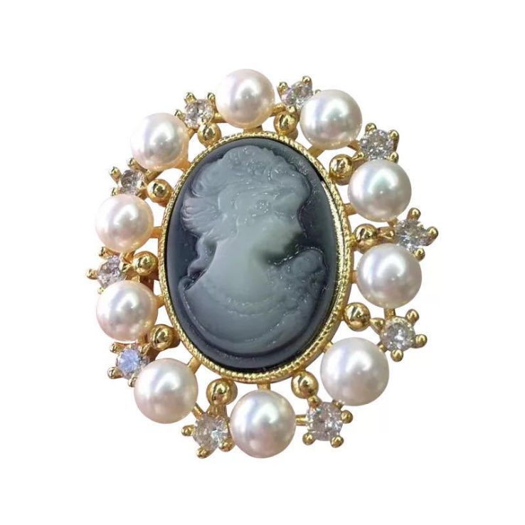 Cameo Relief Brooch with Freshwater Pearls and Shells