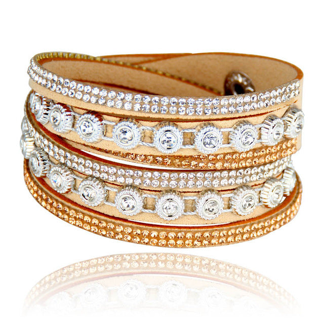 Vintage Rhinestone Layered Leather Bracelet