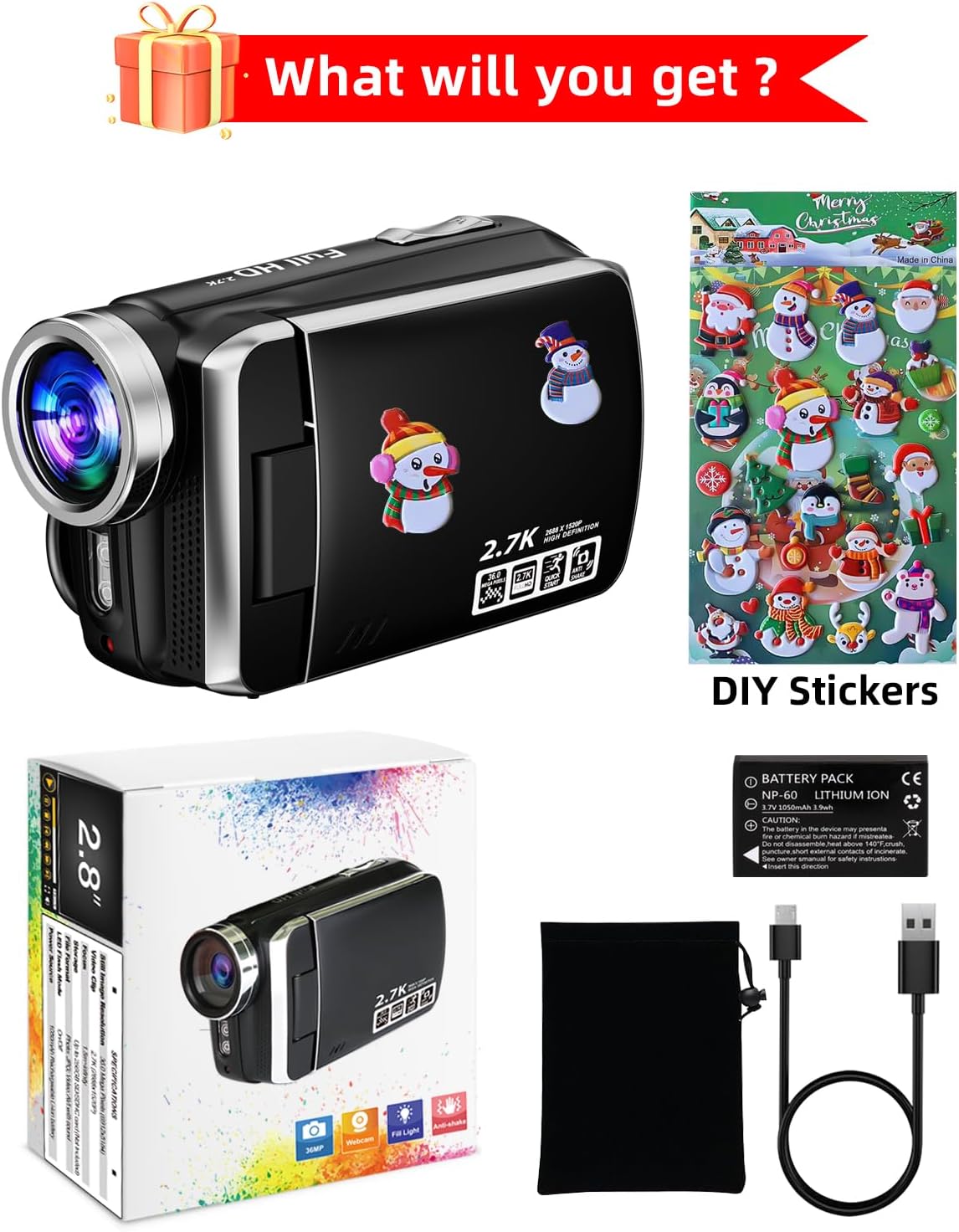 Video Camera Camcorder Full HD 2.7K 36.0 MP with 16GB SD Card
