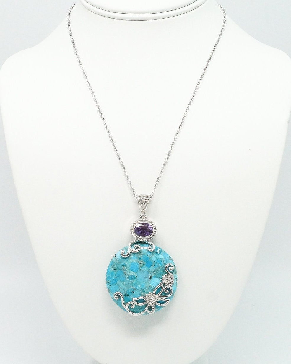 Large Blue Mojave Turquoise Amethyst Sterling Silver Necklace