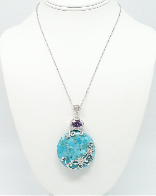 Large Blue Mojave Turquoise Amethyst Sterling Silver Necklace