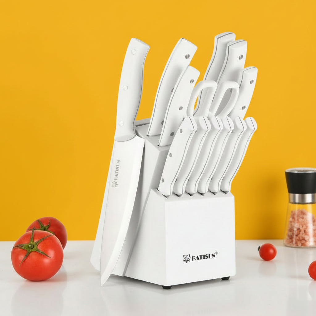 15-Piece White Kitchen Knife Set with Built-in Sharpening Stone