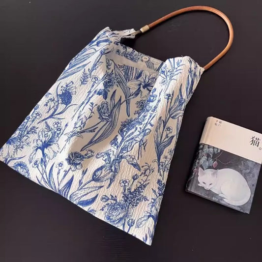 Retro Blue & White Porcelain Floral Hobo Bag