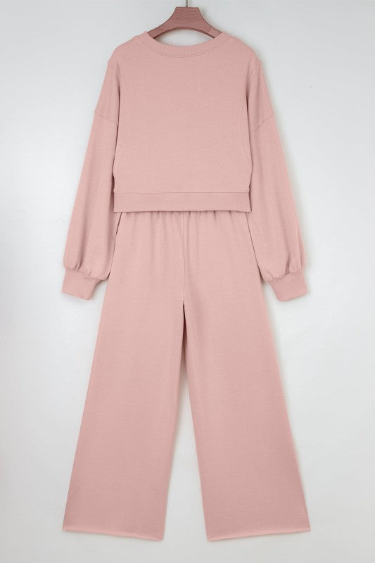 Solid Puff Sleeve Top and Drawstring Pants Set