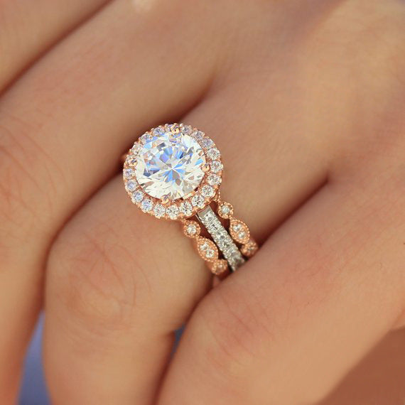 Three Piece Rose Gold Diamond Ring Set