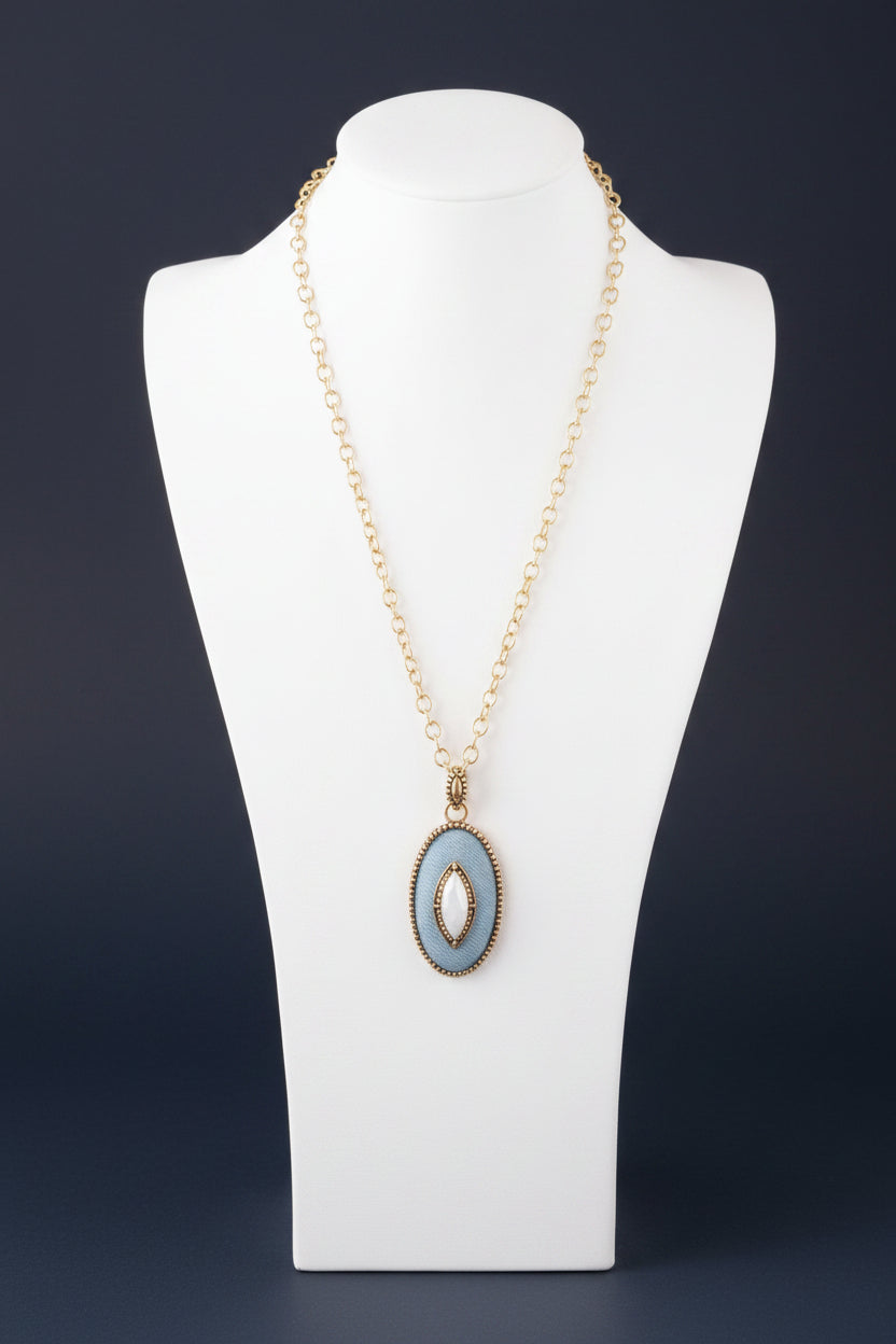 Blue Denim Dreams White Mother of Pearl Golden Pendant Necklace