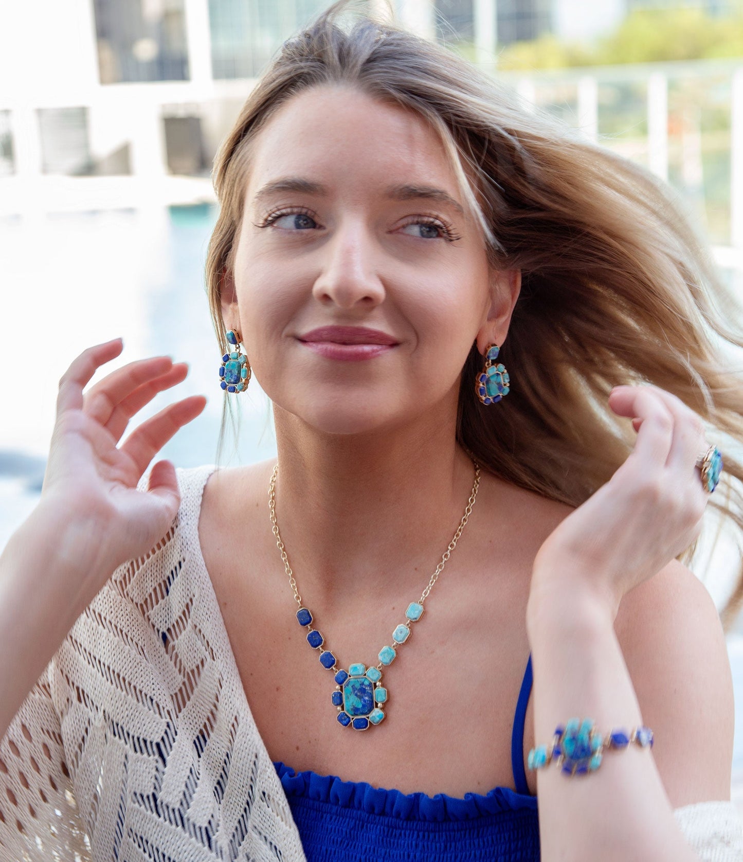 Duality Blue Lapis and Turquoise Golden Pendant Necklace