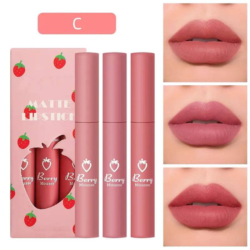 3 Colors Strawberry Matte Lipstick - Long Lasting Velvet Finish