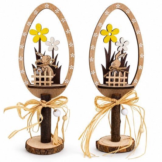 Set of 2 Rustic Wooden Easter Egg Tabletop Decorations With Bunny Scene 10.7 Inches Tall
