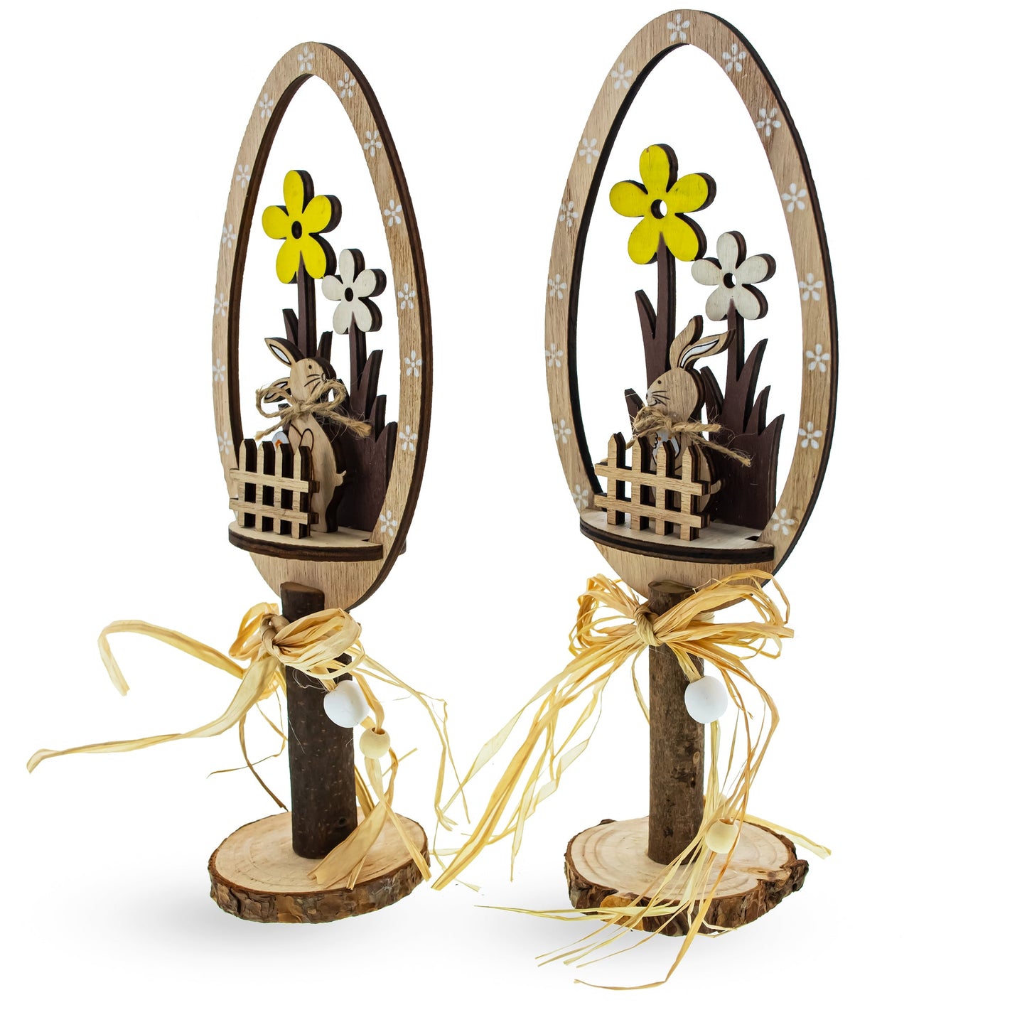 Set of 2 Rustic Wooden Easter Egg with Bunny Scene 10.7 Inches Tall