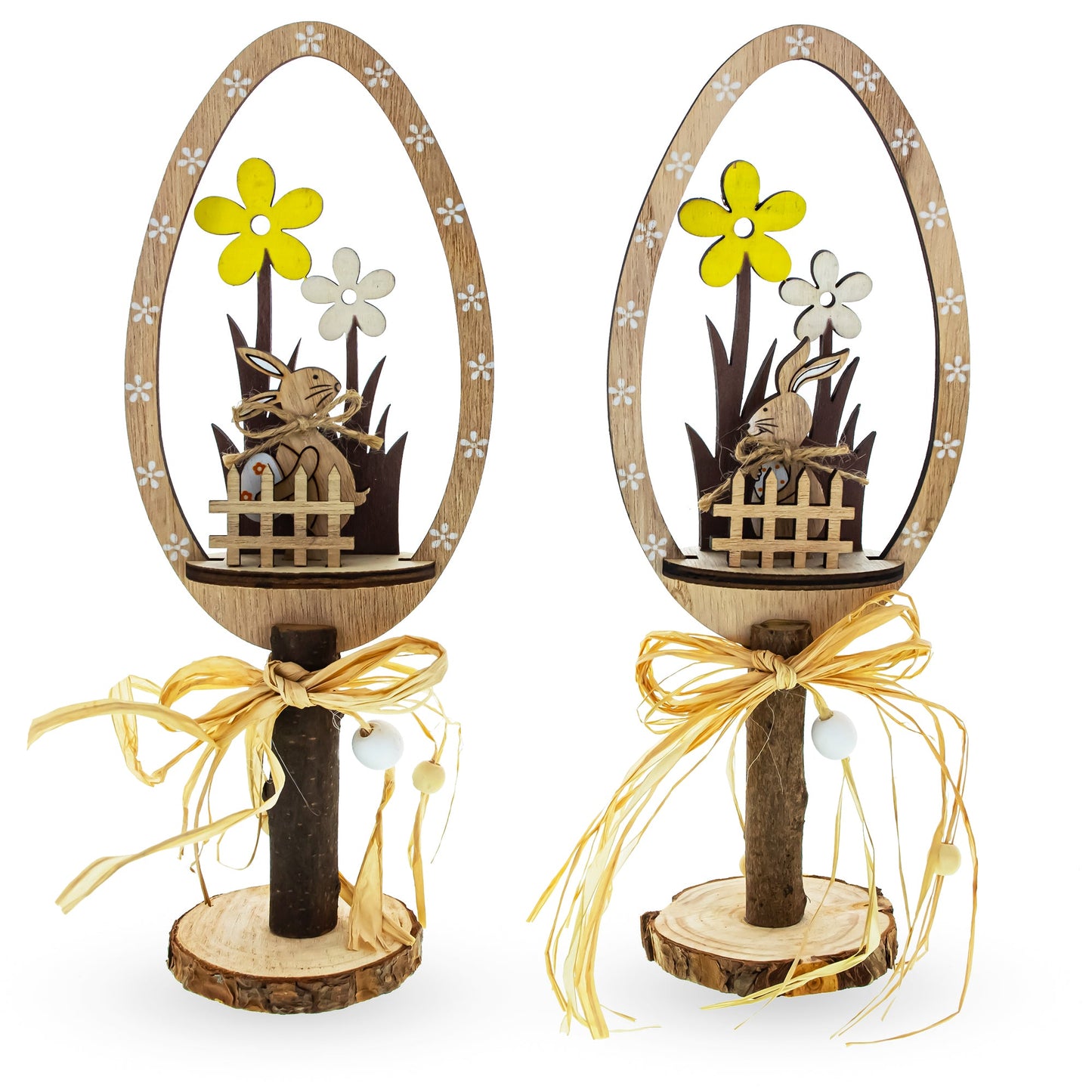 Set of 2 Rustic Wooden Easter Egg with Bunny Scene 10.7 Inches Tall