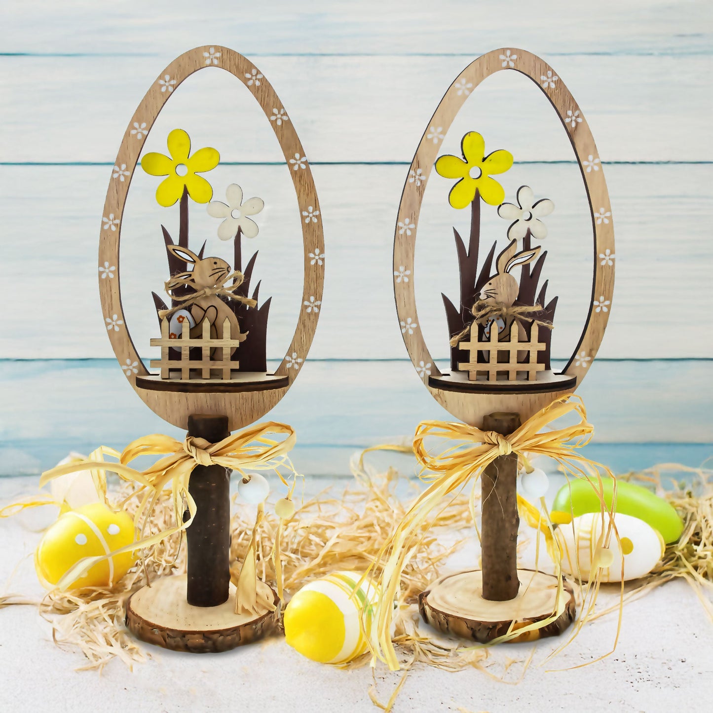 Set of 2 Rustic Wooden Easter Egg with Bunny Scene 10.7 Inches Tall