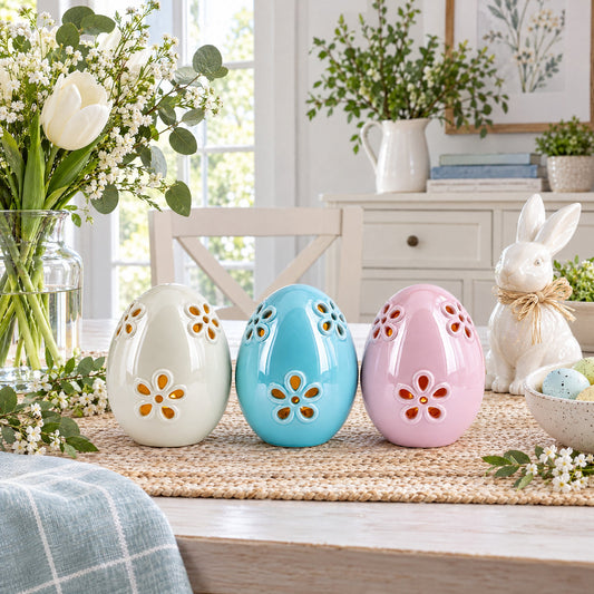 Set of 3 Pearlized Ceramic Easter Egg Lanterns