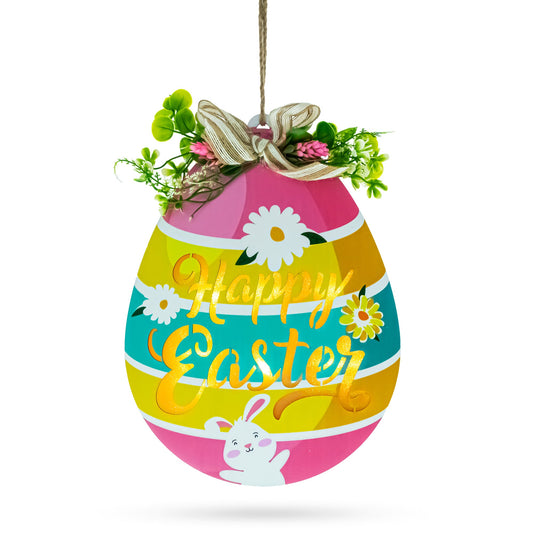Illuminated LED Wooden Easter Egg Hanging Decor 12.5 Inches Tall