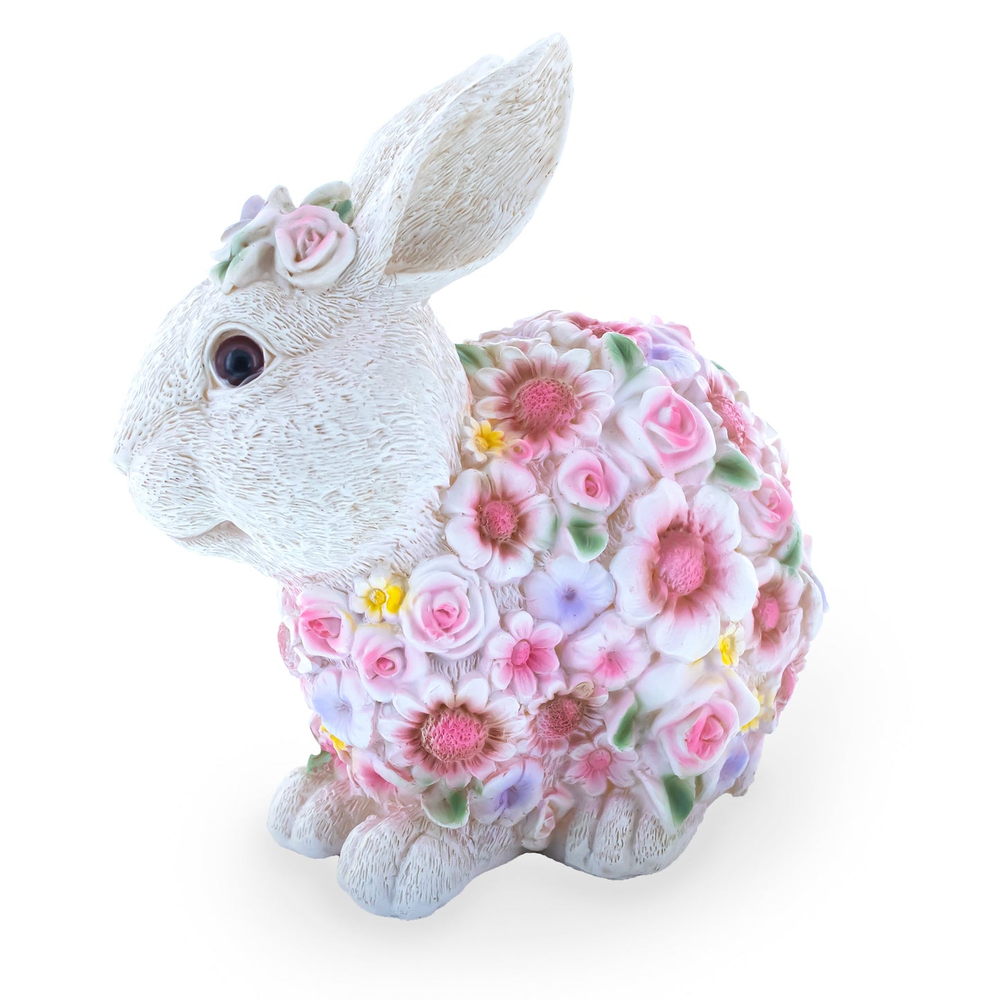 Hand Painted Resin Bunny With Elegant Garden Blooms 7.1 Inches Tall