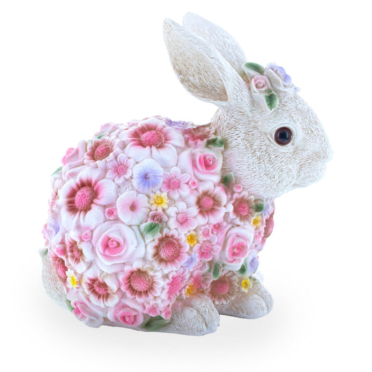 Hand Painted Resin Bunny With Elegant Garden Blooms 7.1 Inches Tall