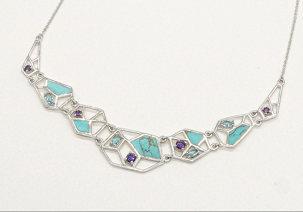 Amethyst, Blue Topaz & Turquoise Sterling Silver Necklace