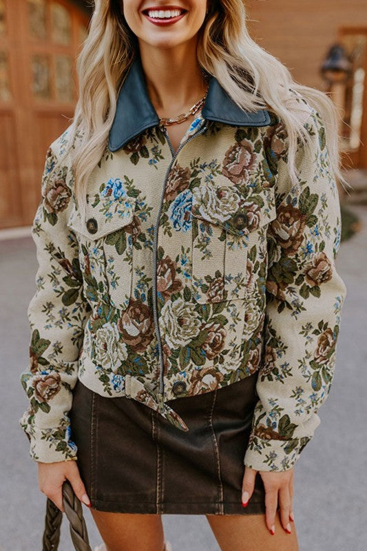 Miss Sparkling |Floral Zip-Up Contrast Collared Jacket