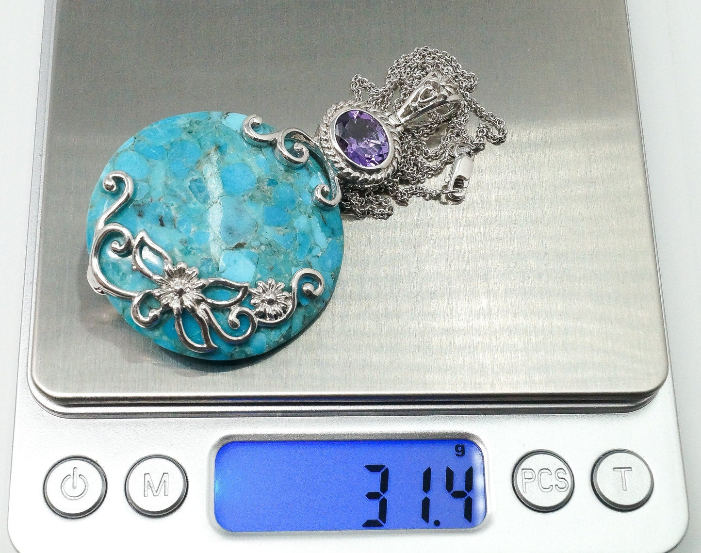 Large Blue Mojave Turquoise Amethyst Sterling Silver Necklace