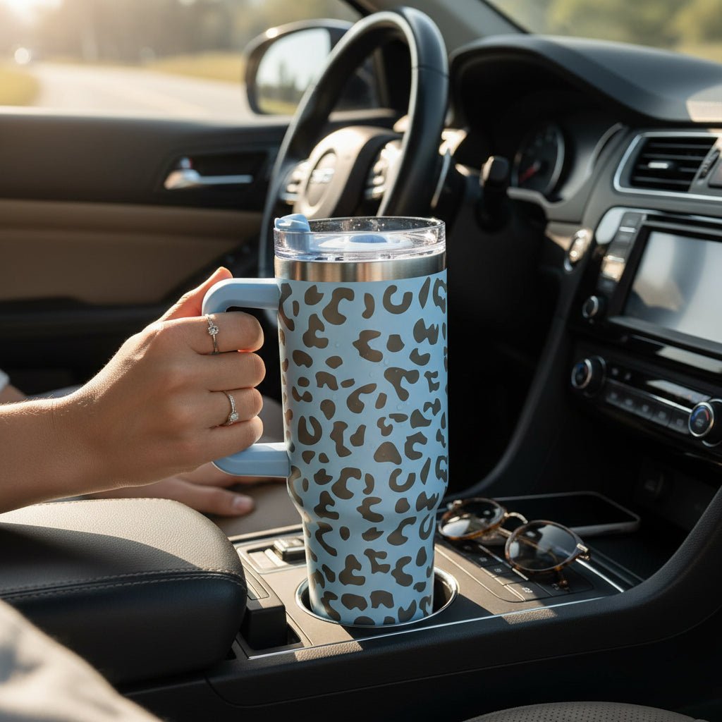 Engraved Leopard Print 40 oz Tumbler with Handle and Straw Lid