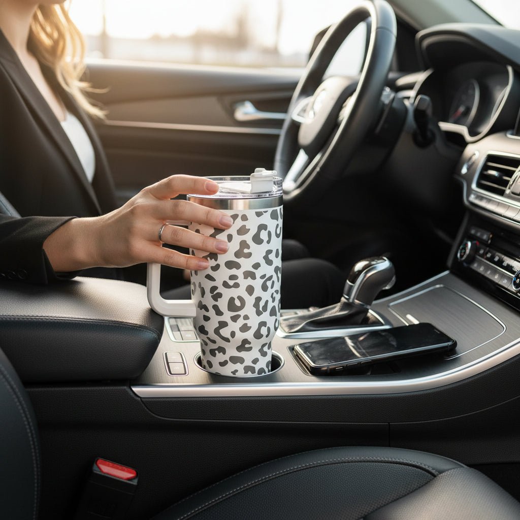 Engraved Leopard Print 40 oz Tumbler with Handle and Straw Lid