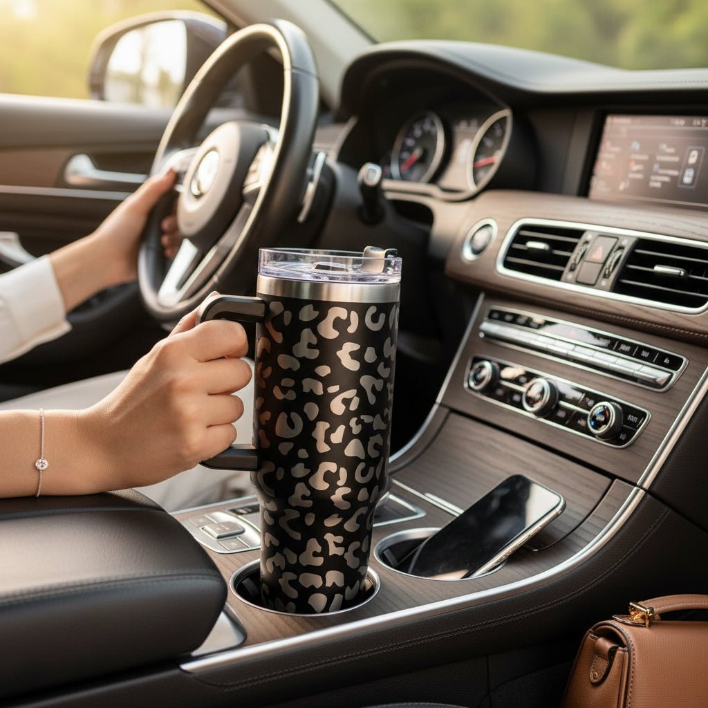 Engraved Leopard Print 40 oz Tumbler with Handle and Straw Lid