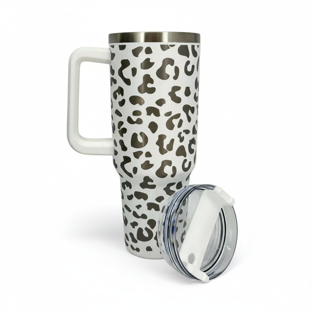 Engraved Leopard Print 40 oz Tumbler with Handle and Straw Lid