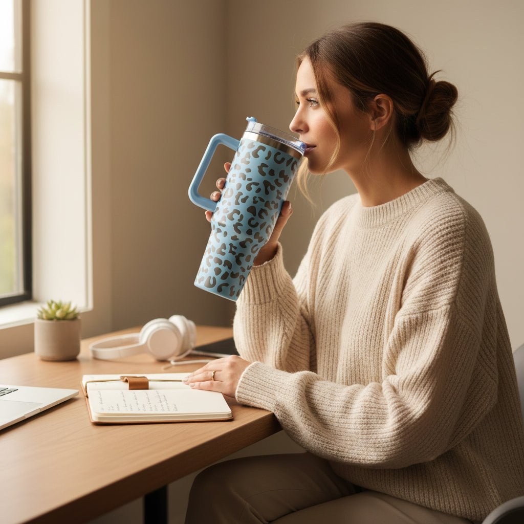 Engraved Leopard Print 40 oz Tumbler with Handle and Straw Lid