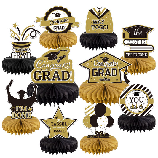 10-Pack Gold and Black Graduation Honeycomb Table Centerpieces