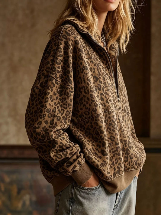 Leopard Half Zip Oversized Sweatshirt