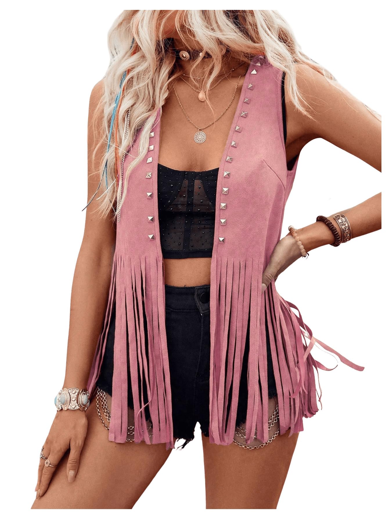 Rivet Tassel Faux Suede Vest