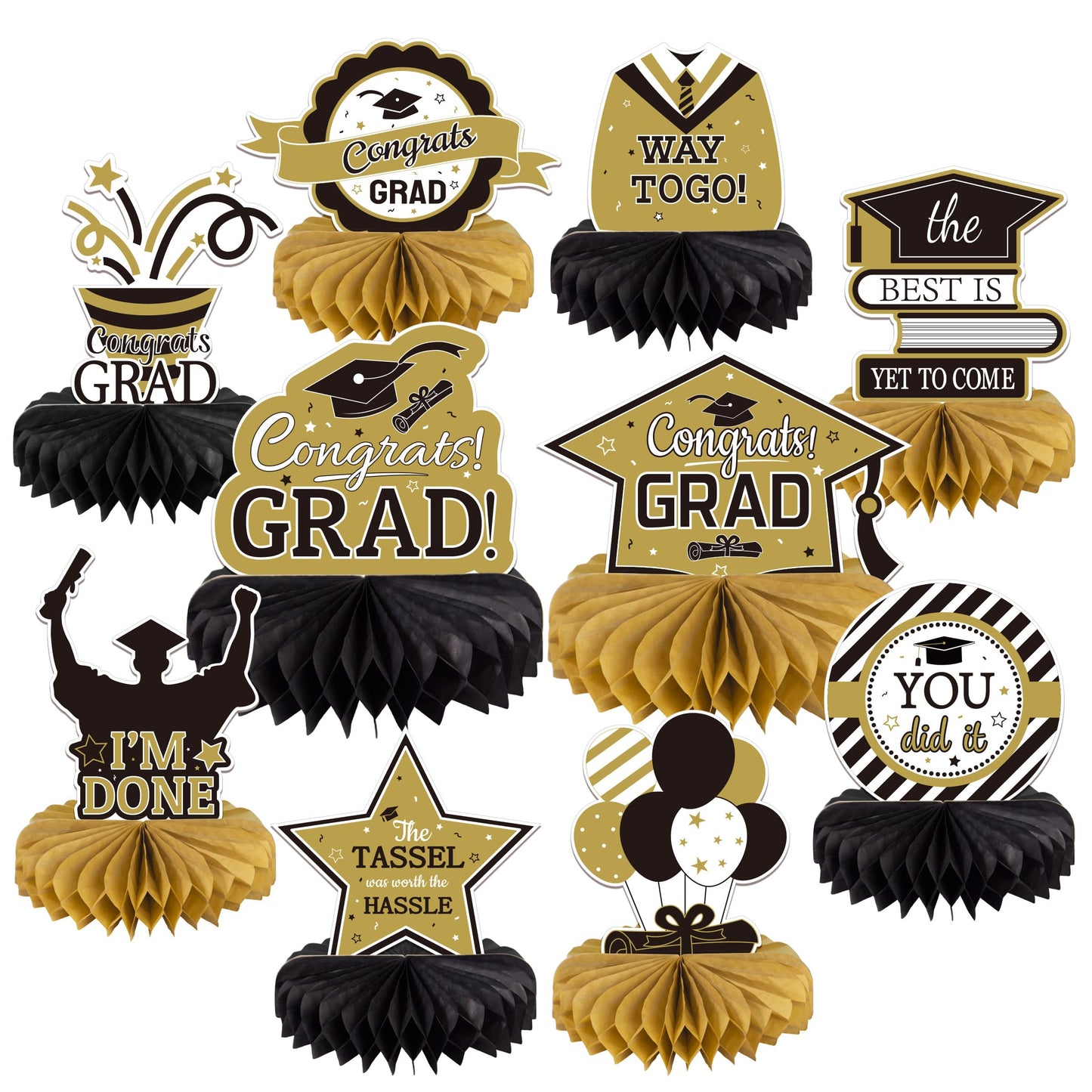 10-Pack Gold and Black Graduation Honeycomb Table Centerpieces