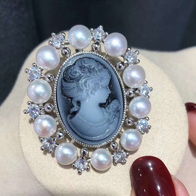 Cameo Relief Brooch with Freshwater Pearls and Shells