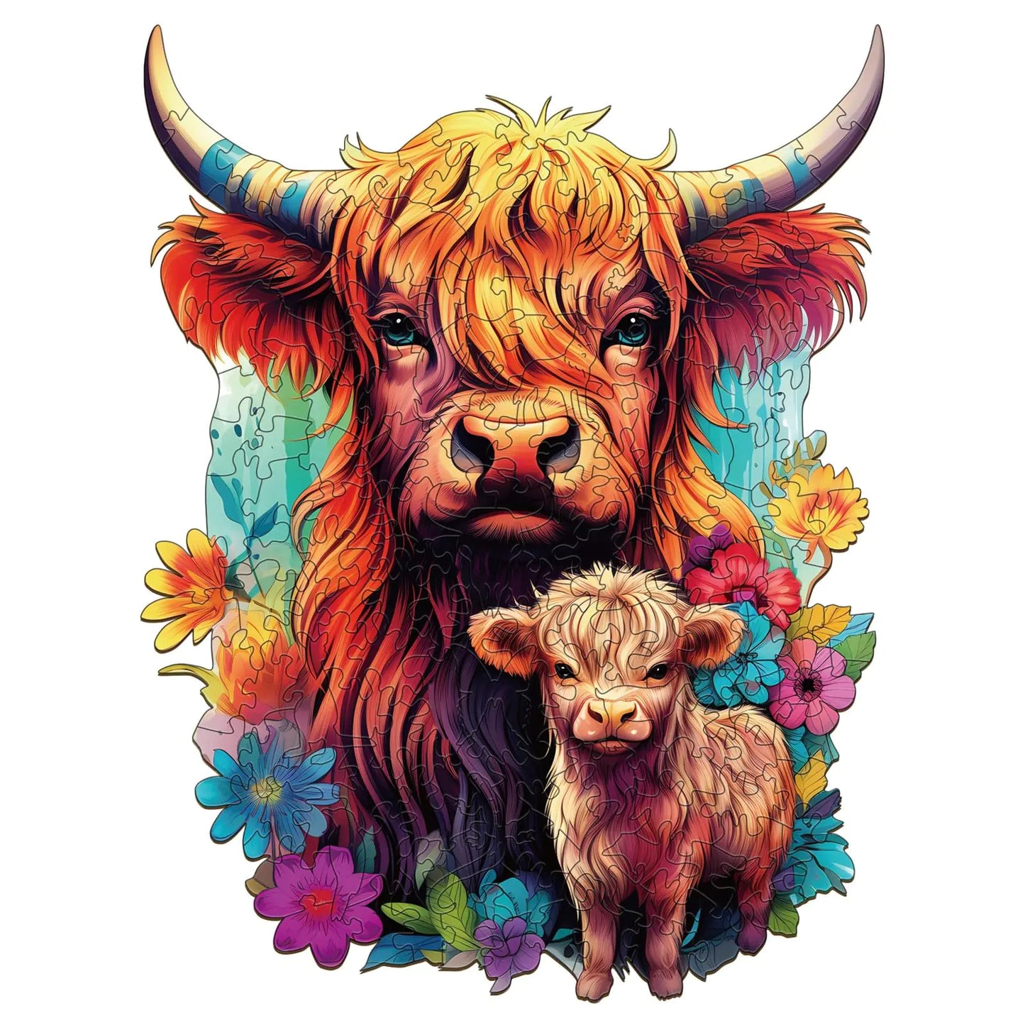 WOODBESTS Wooden Puzzles for Adults Highland Cattle Family Puzzle (S 80pcs 6.8"x8.5") Adult Puzzles Wooden Jigsaw Puzzles Unique Shape Birthday Gifts for Adults and Kids Family Game
