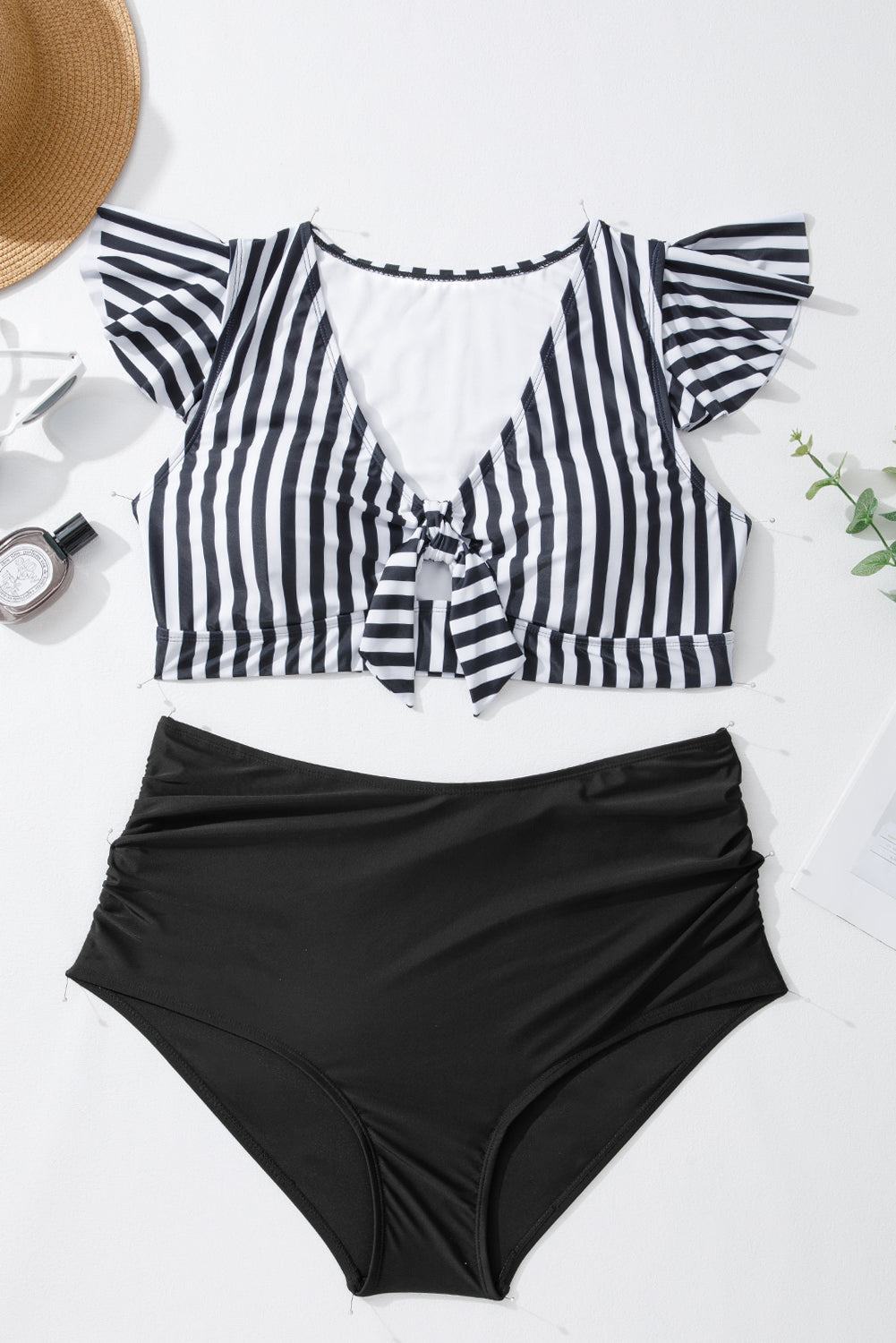 Black Stripe Knot Cutout Ruffle Sleeve and High Waisted 2pcs Swimsuit
