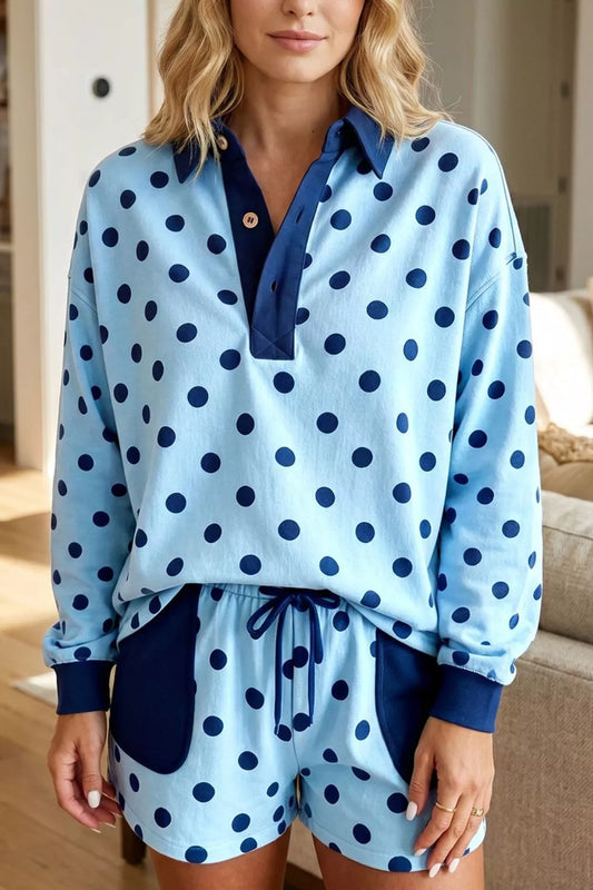 Polka Dot Drop Shoulder Polo Pullover and Shorts Set