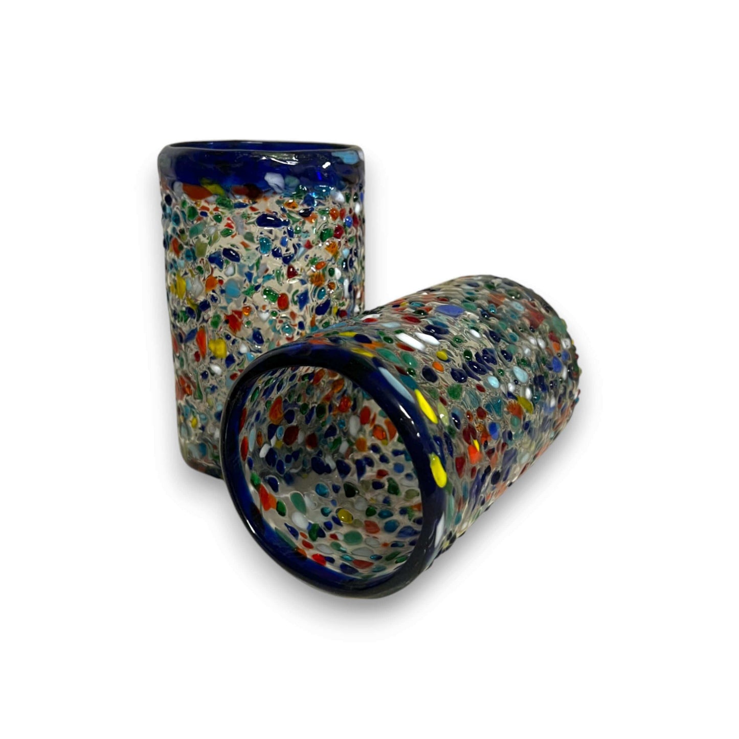 Confetti Pebbled Glass | Blue Rim Hand-Blown Mexican Tumbler
