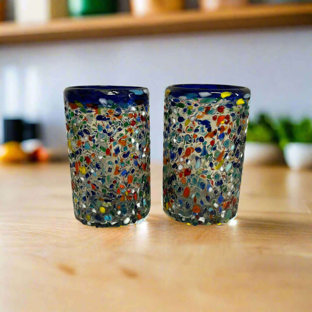 Confetti Pebbled Glass | Blue Rim Hand-Blown Mexican Tumbler