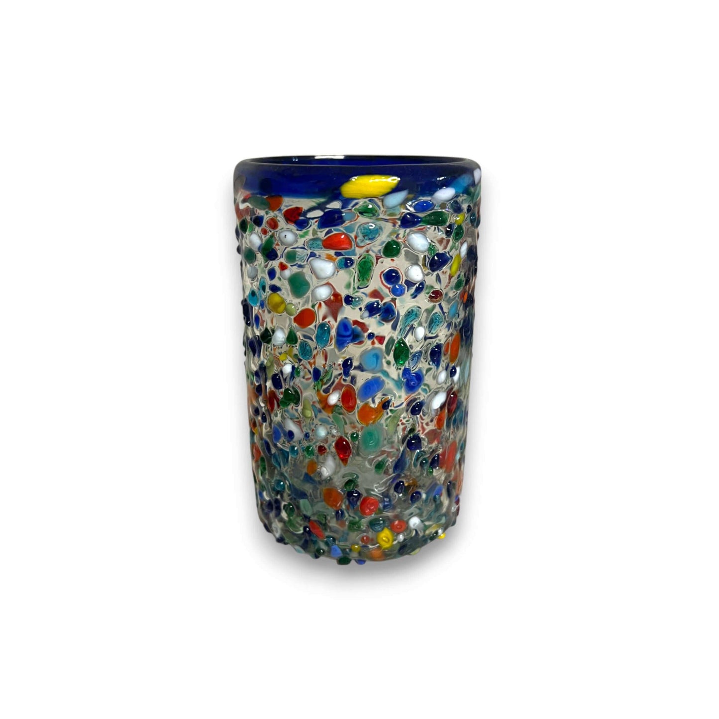 Confetti Pebbled Glass | Blue Rim Hand-Blown Mexican Tumbler
