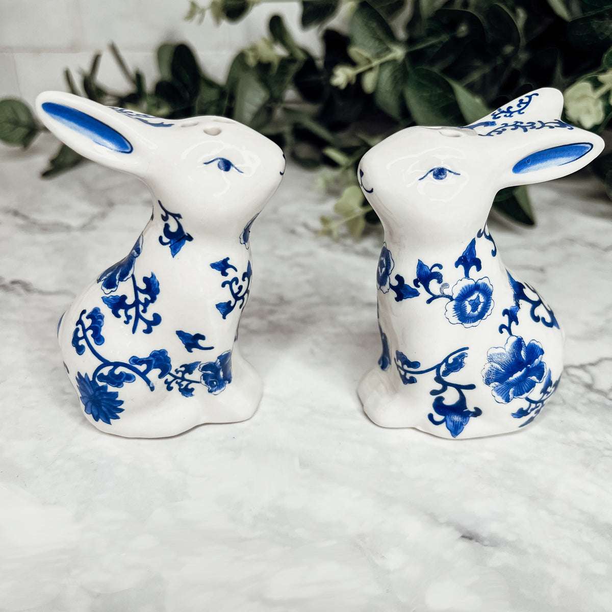 Blue Bunny Porcelain Salt and Pepper Shakers Hand-Painted Easter Spring Decor