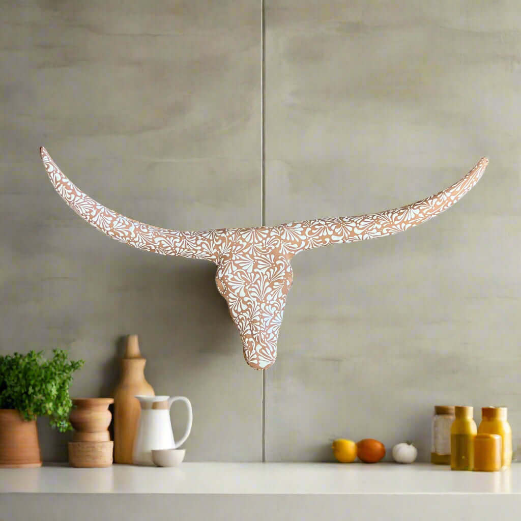 Terracotta Longhorn Wall Art | Hand-Painted Mexican Bull Skull