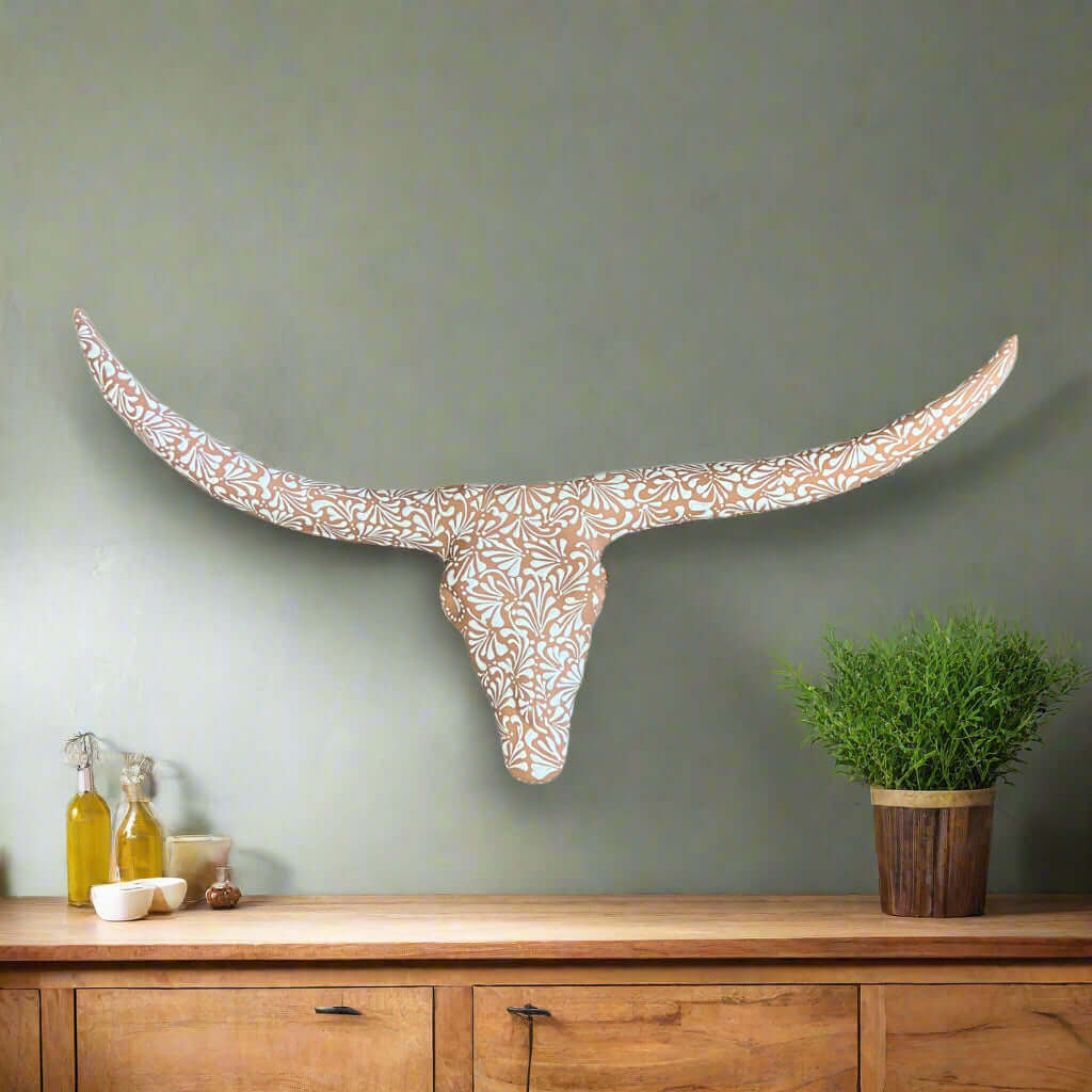 Terracotta Longhorn Wall Art | Hand-Painted Mexican Bull Skull