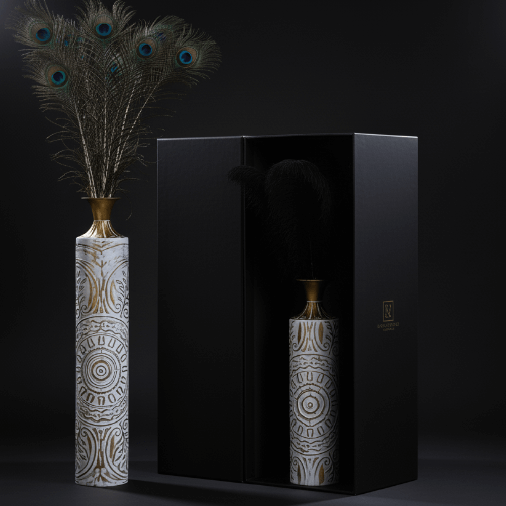 Set of 3 White & Gold Distressed Metal Floor Vases Embossed Mandala Pattern Boho Rustic Decor for Room