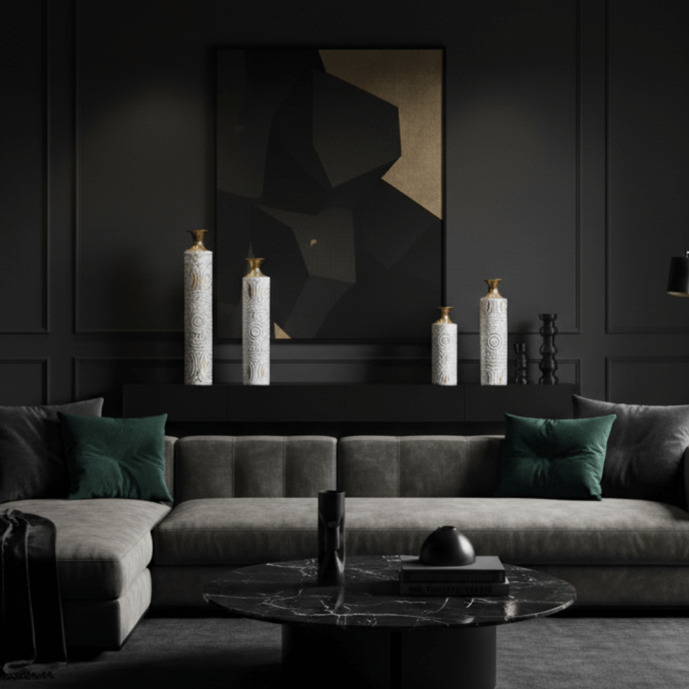 Set of 3 White & Gold Distressed Metal Floor Vases Embossed Mandala Pattern Boho Rustic Decor for Room