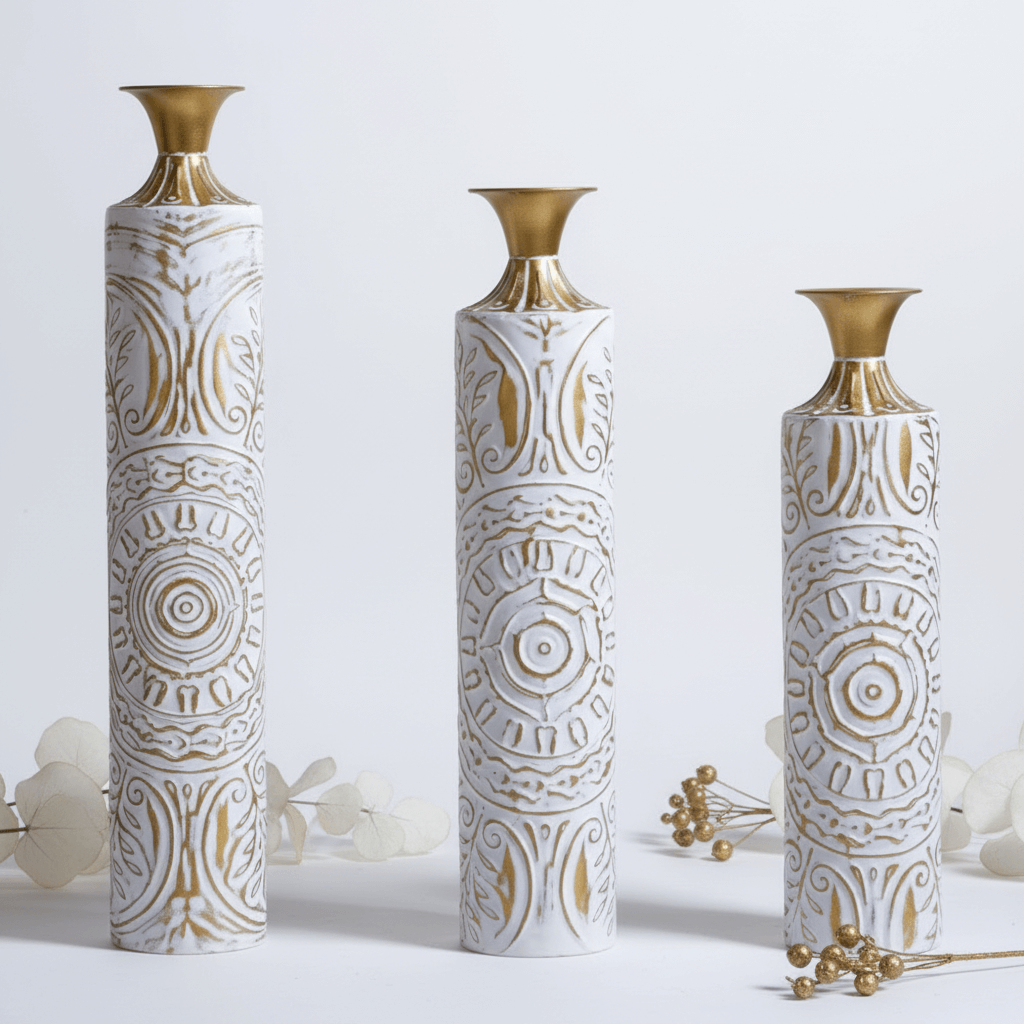 Set of 3 White & Gold Distressed Metal Floor Vases Embossed Mandala Pattern Boho Rustic Decor for Room