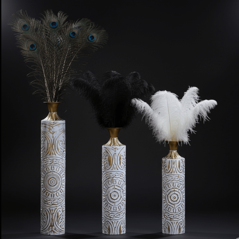 Set of 3 White & Gold Distressed Metal Floor Vases Embossed Mandala Pattern Boho Rustic Decor for Room