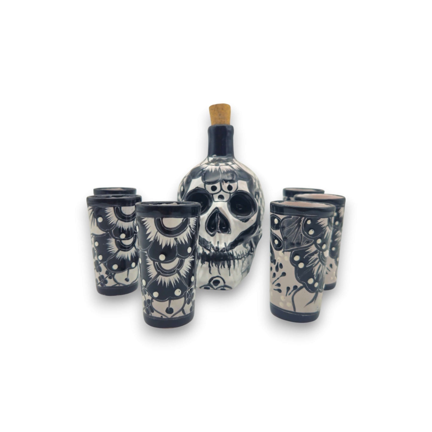 Talavera Skull Decanter with 6 Shot Glasses | Mexican Bar Set